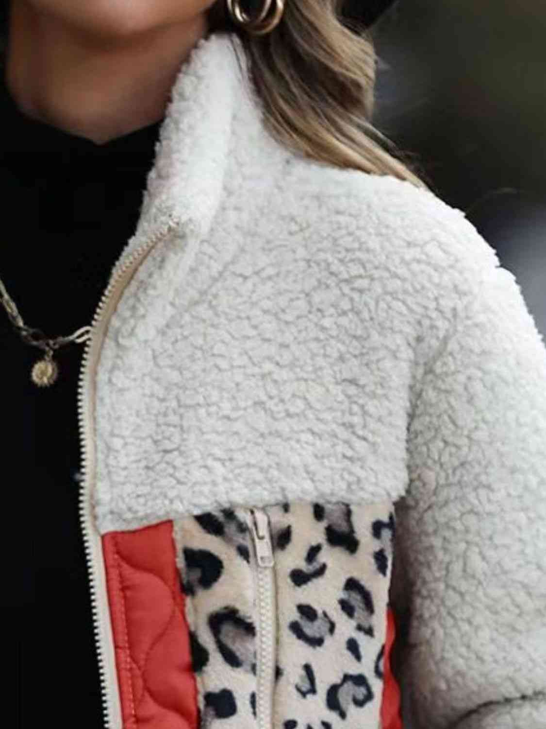 Women Leopard Color Block Zip-Up Jacket