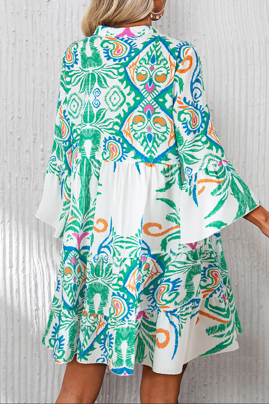 Boho 3/4 Sleeve Buttoned Mini Dress