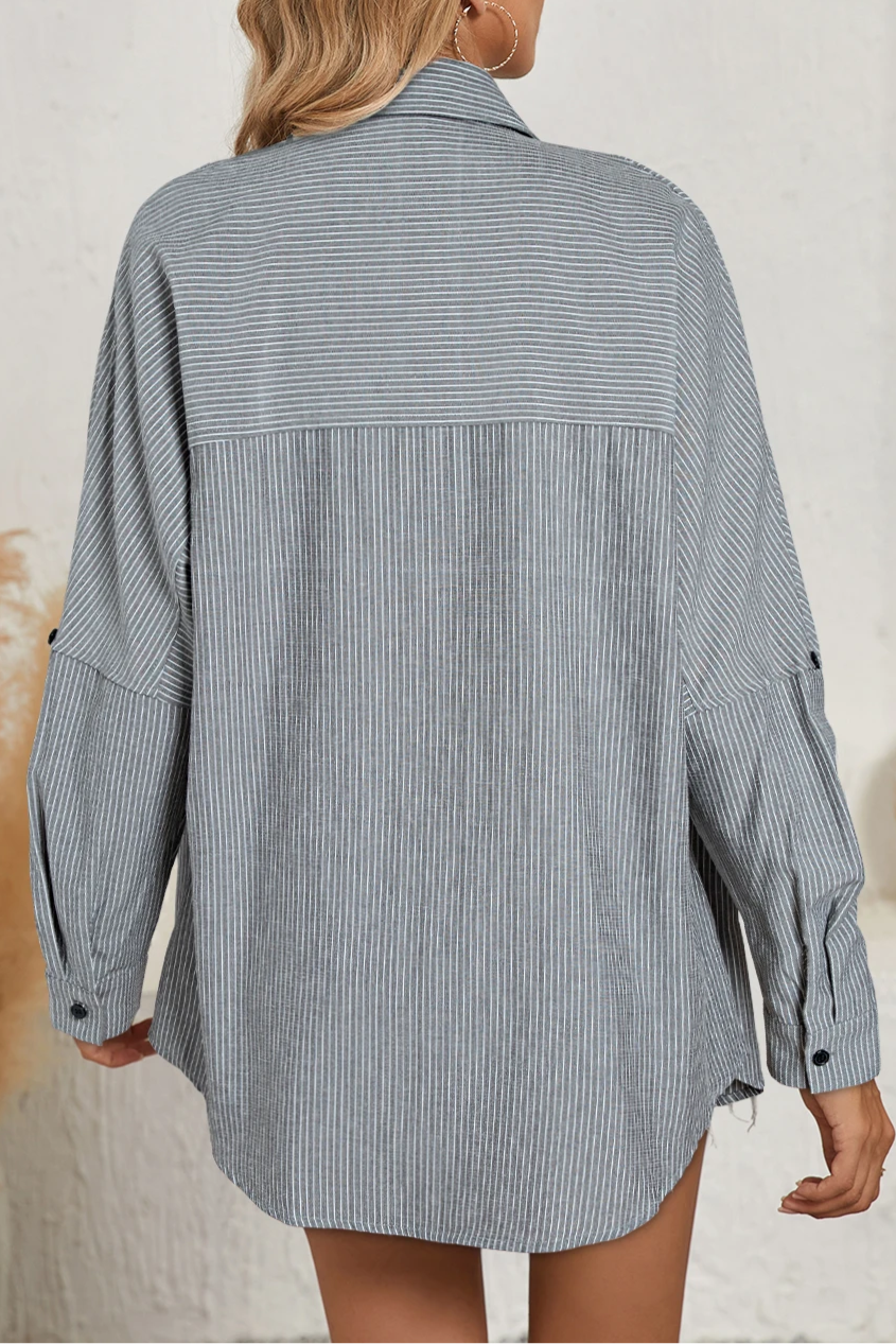Stripe Roll-Tab Sleeve Pocketed Shirt