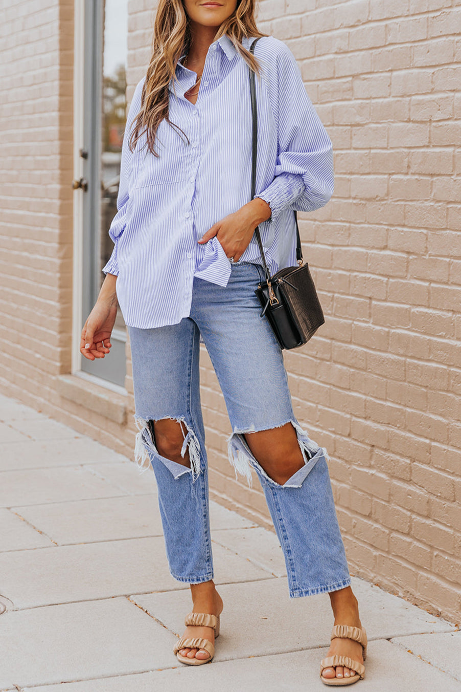 Stripe Smocked Cuff Buttoned Shirt