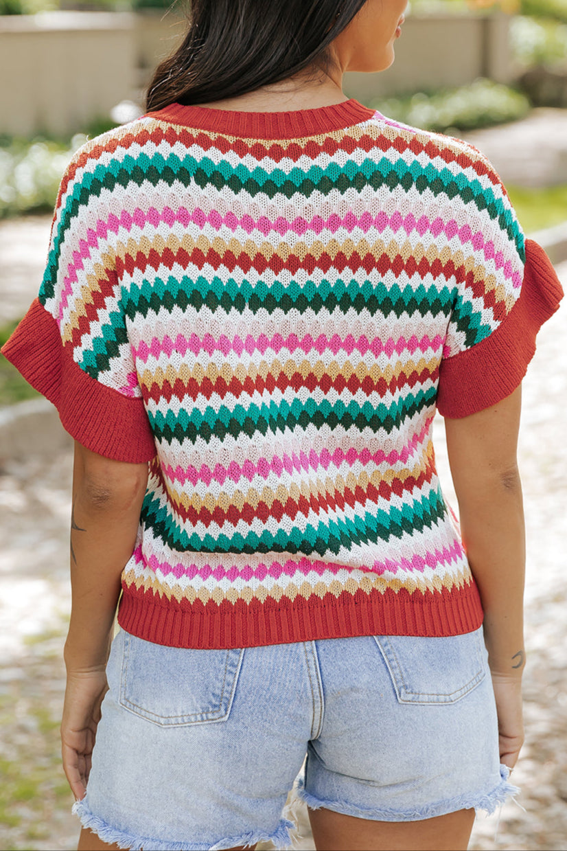 Stripe Ruffle Short Sleeve Sweater