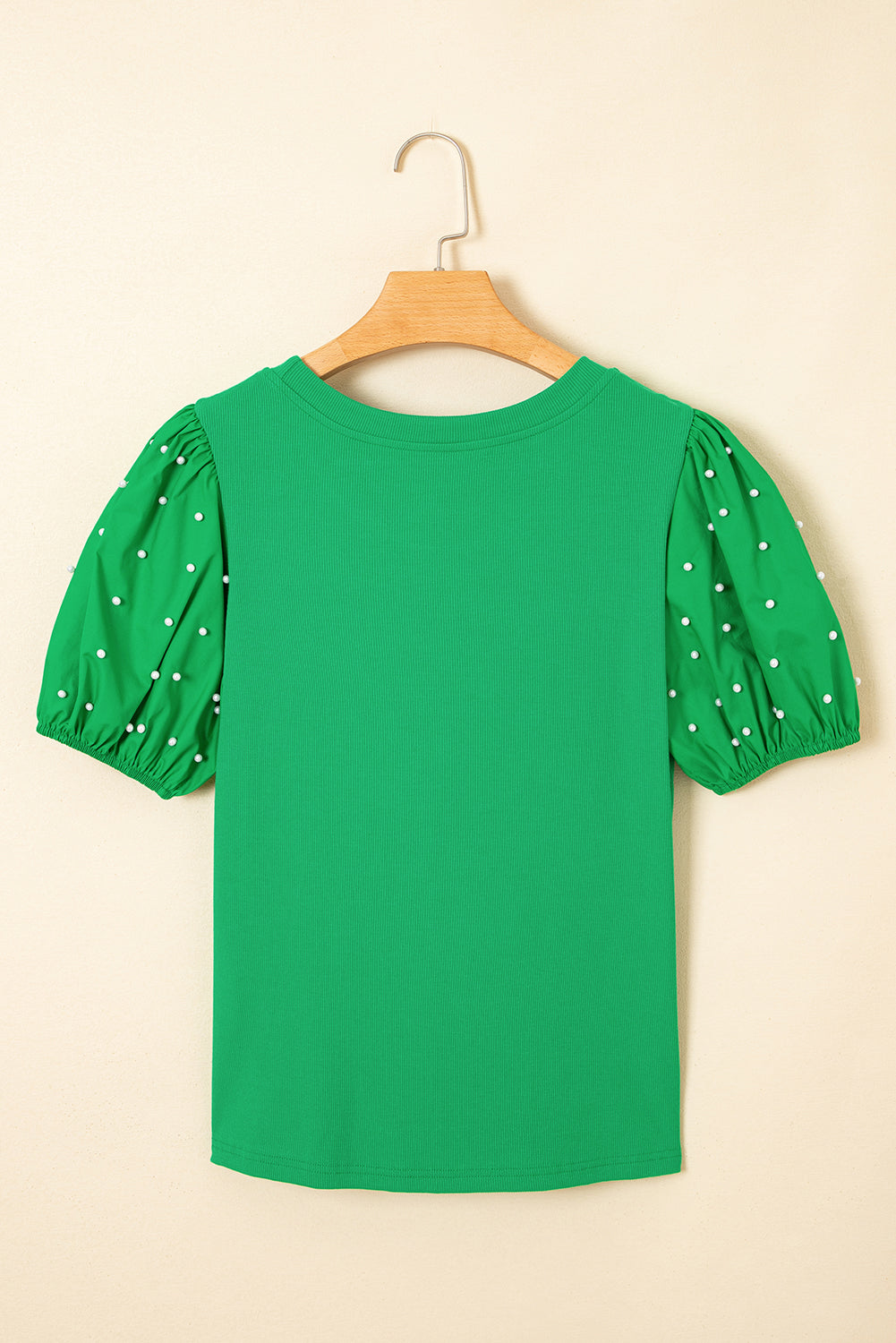 Pearl Beaded Ribbed Puff Sleeve Top