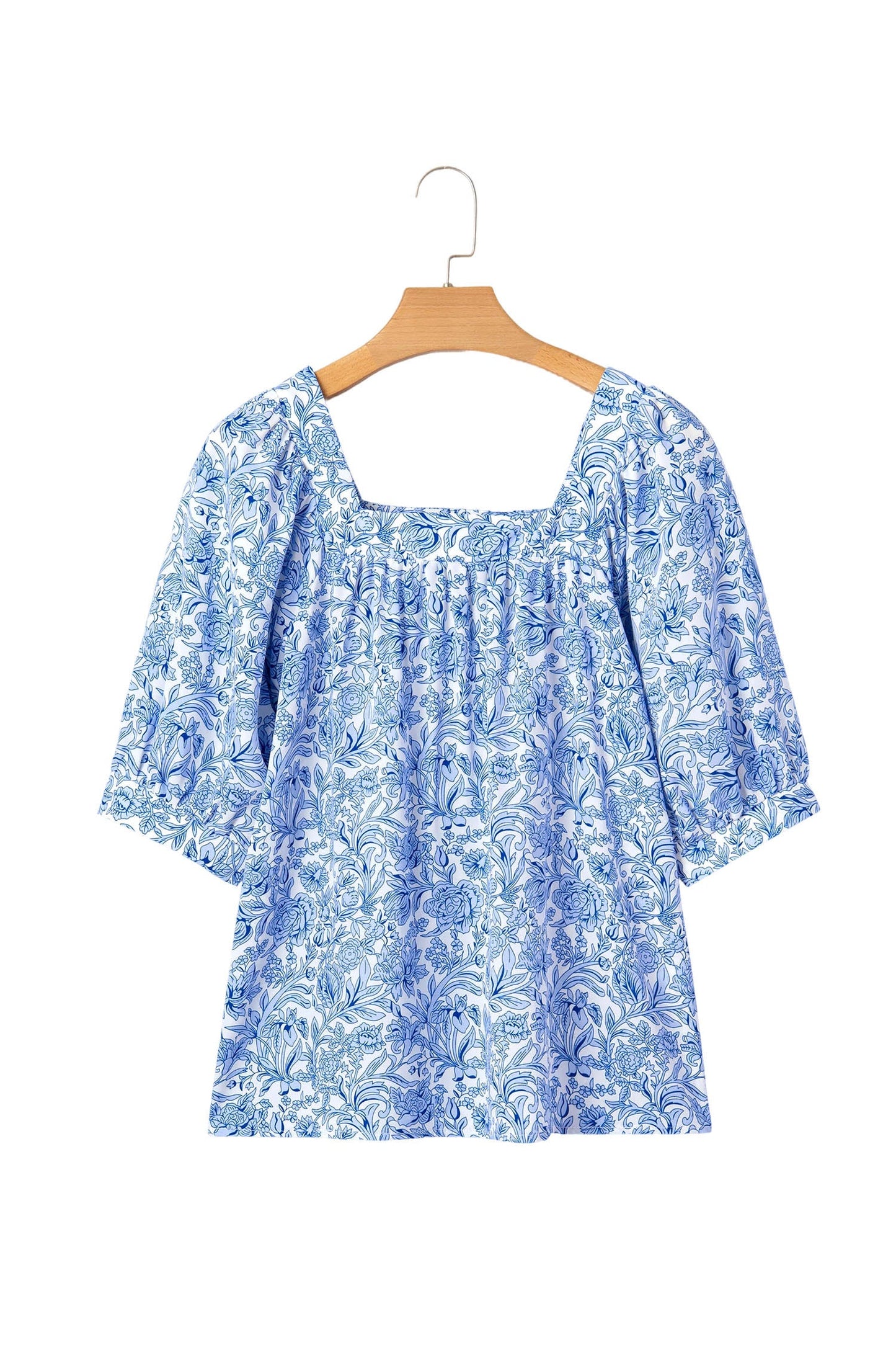 Floral Pleated Square Neck Puff Sleeve Blouse