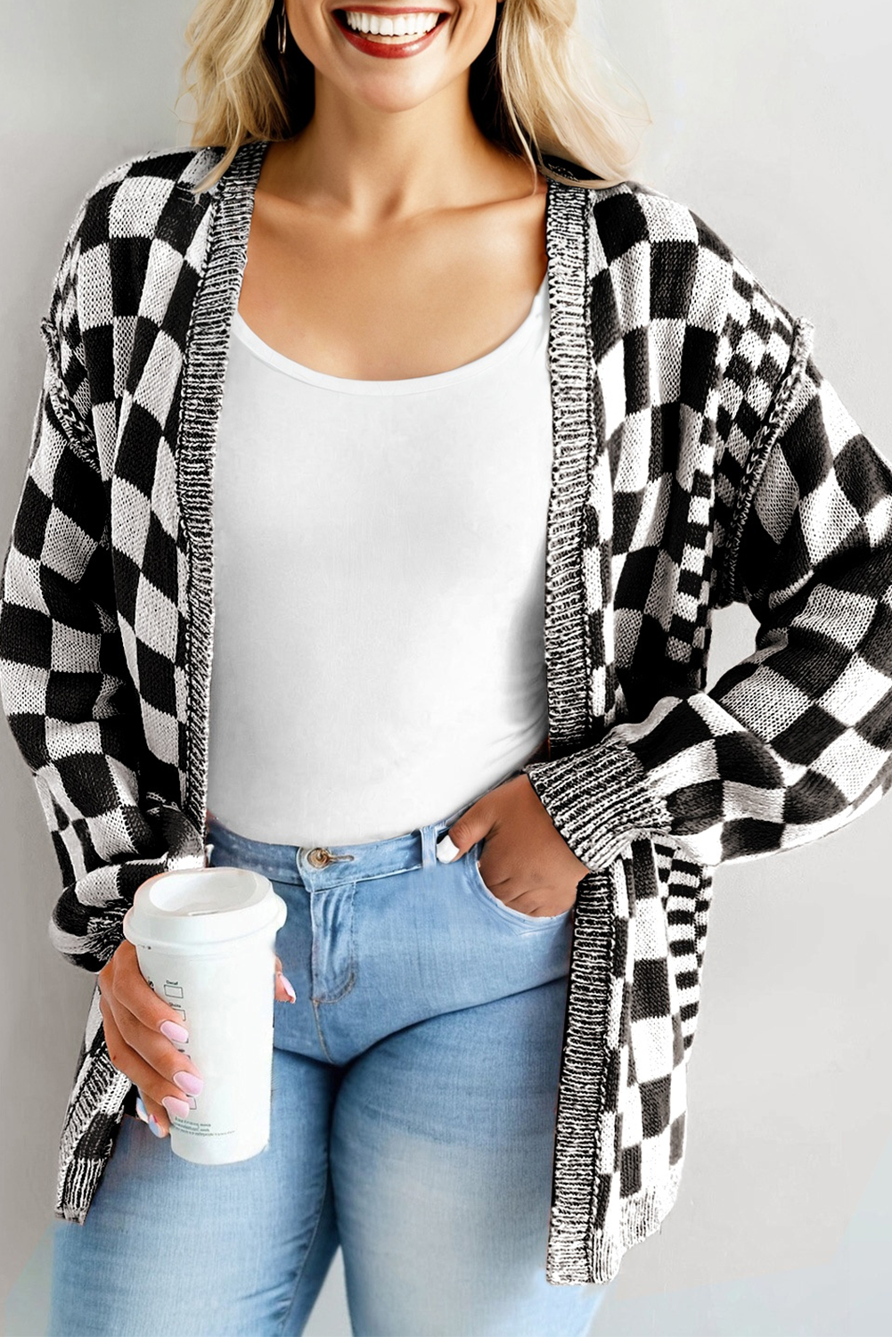 Plus Size Checker Drop Shoulder Open Front Cardigan