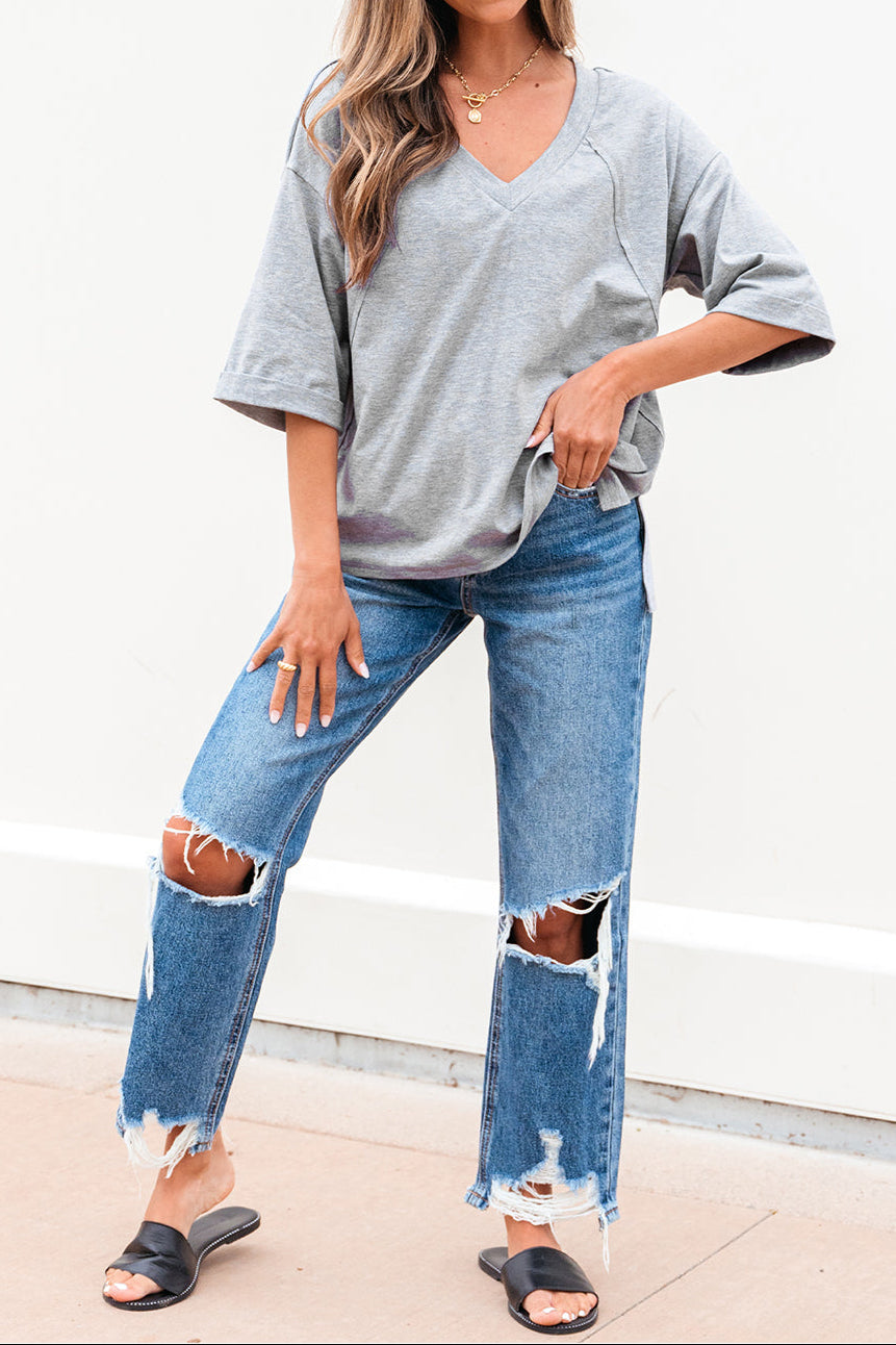 Solid Raglan Sleeve V-Neck T-Shirt