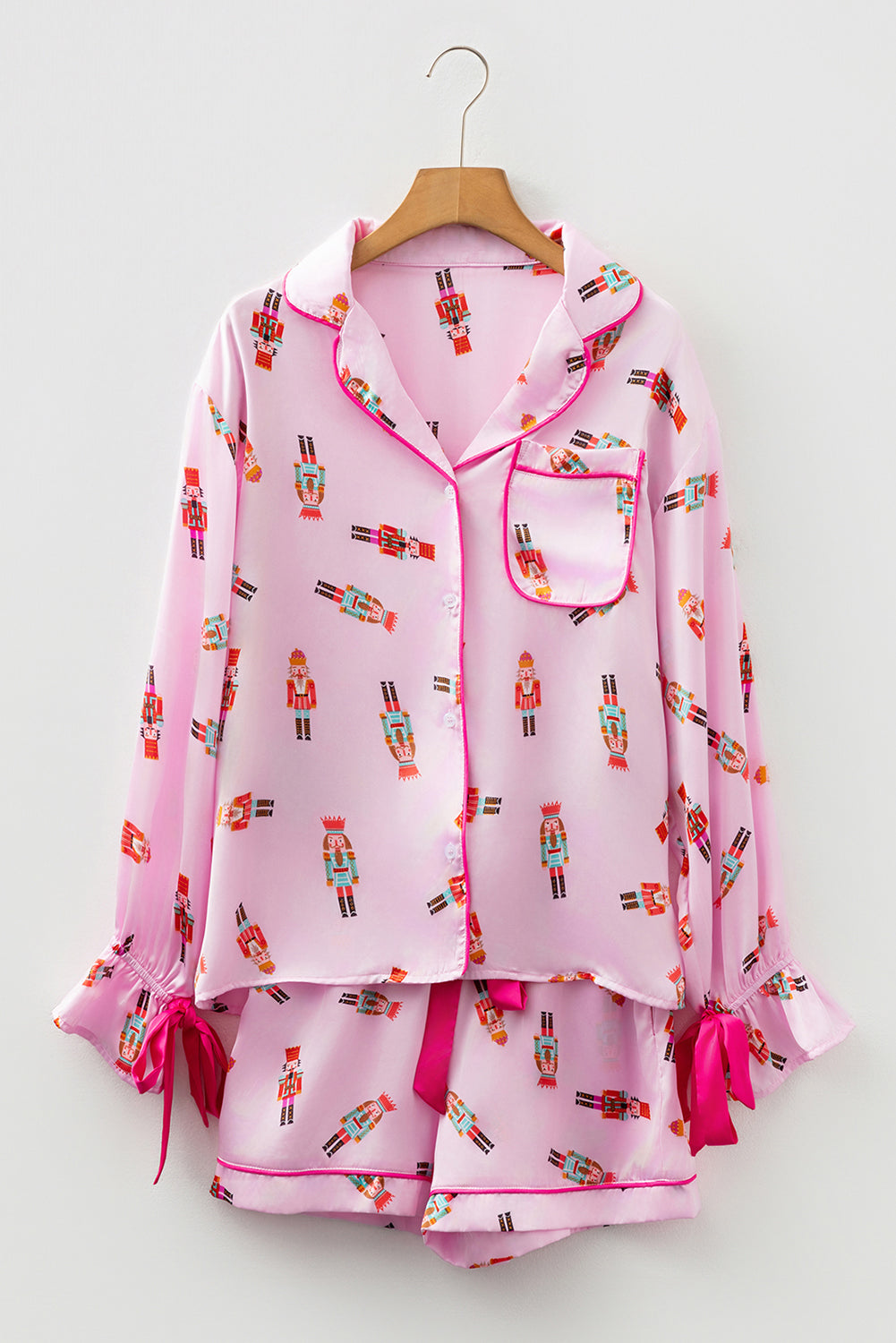 Nutcracker Contrast Trim Bow Tie Pajama Set