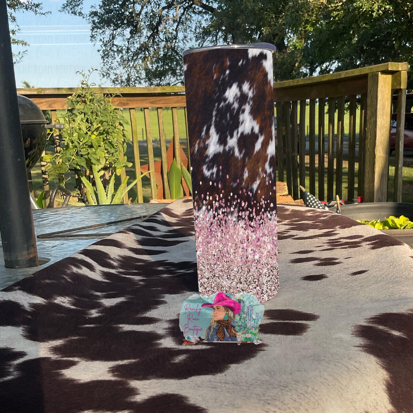 Cowhide Pink Glitter Western 20oz Skinny Tumbler