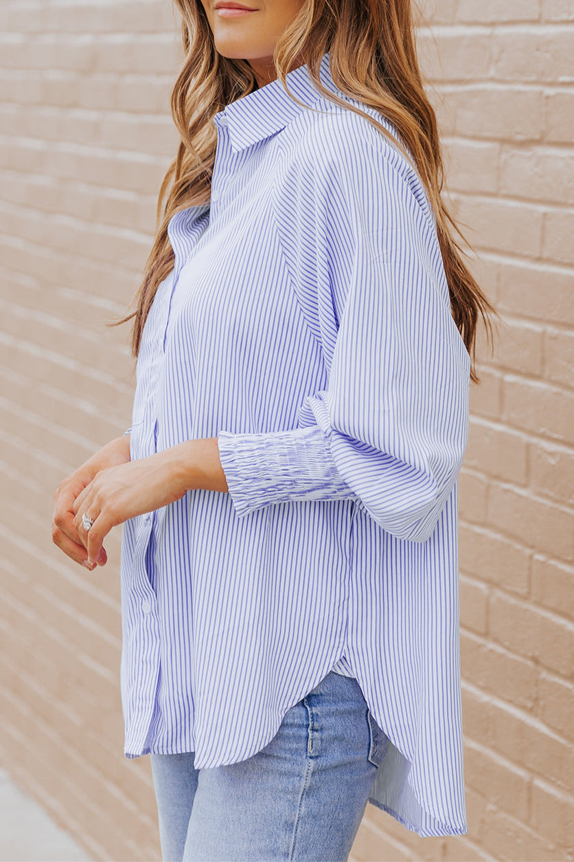 Stripe Smocked Cuff Buttoned Shirt