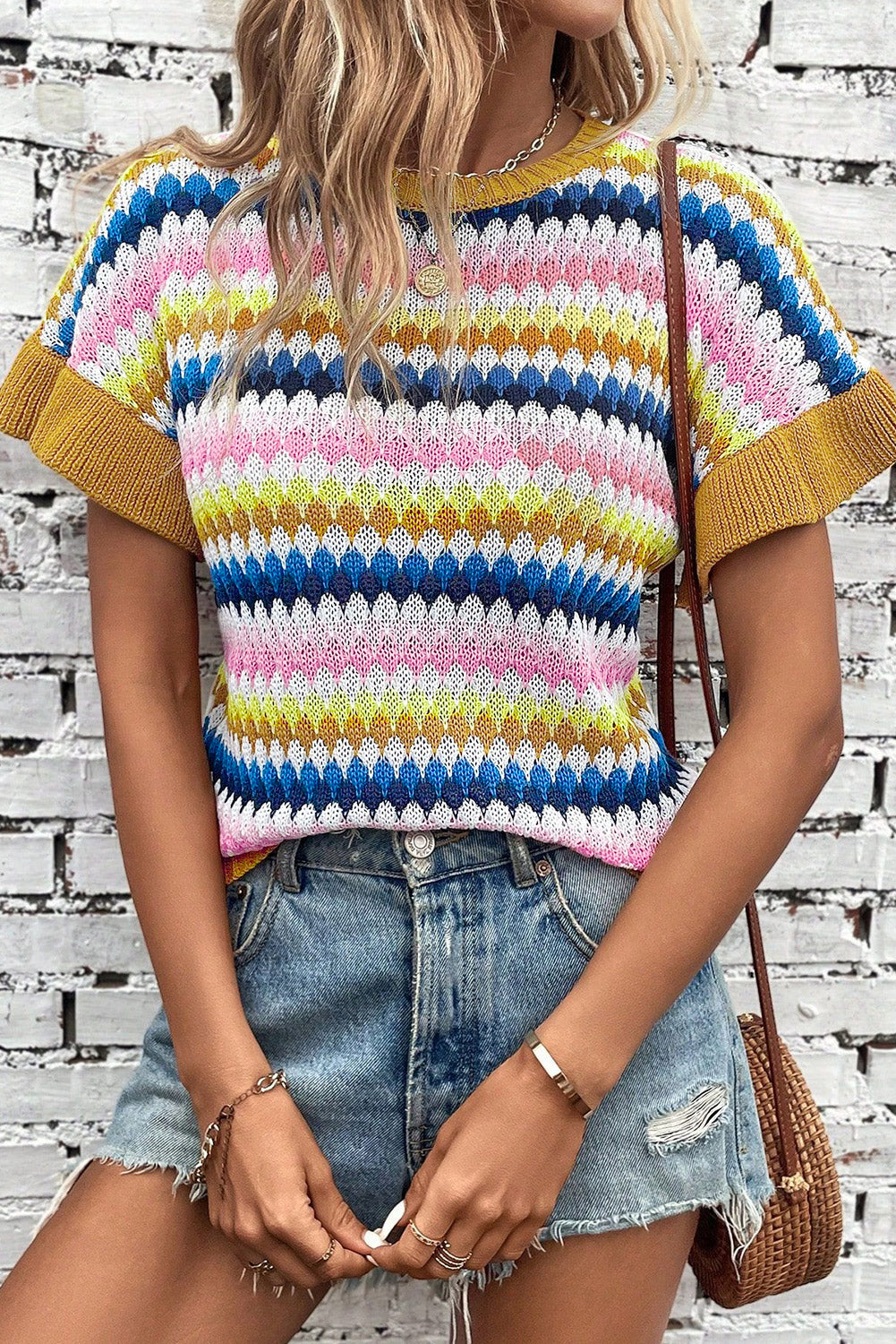 Stripe Ruffle Short Sleeve Sweater