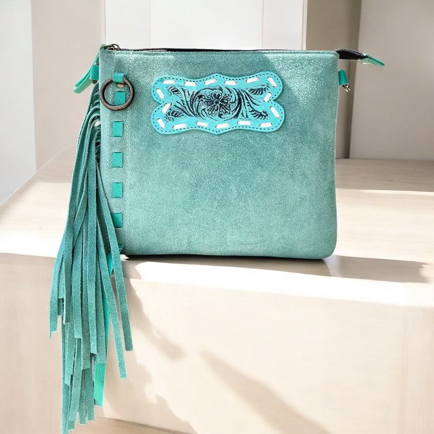 Turquoise suede & tooled fringe Crossbody Bag