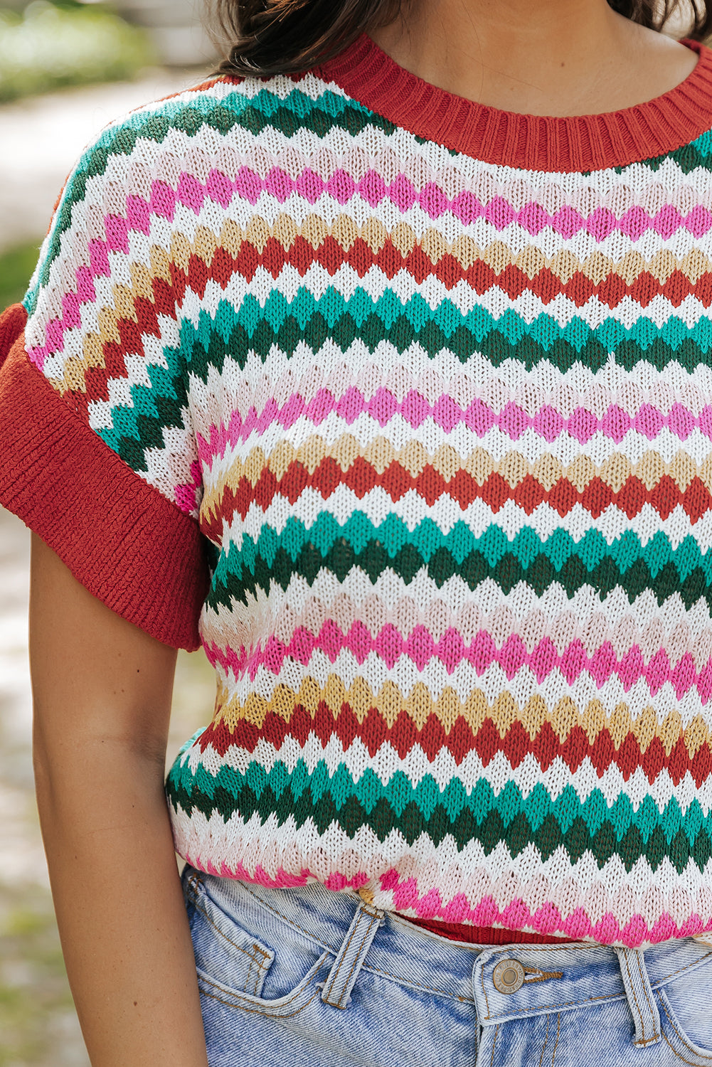 Stripe Ruffle Short Sleeve Sweater