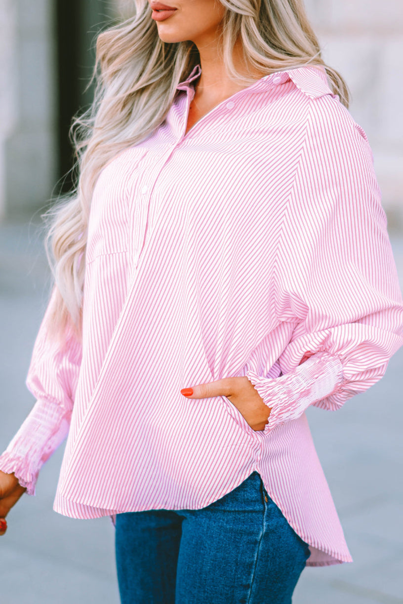 Stripe Smocked Cuff Buttoned Shirt