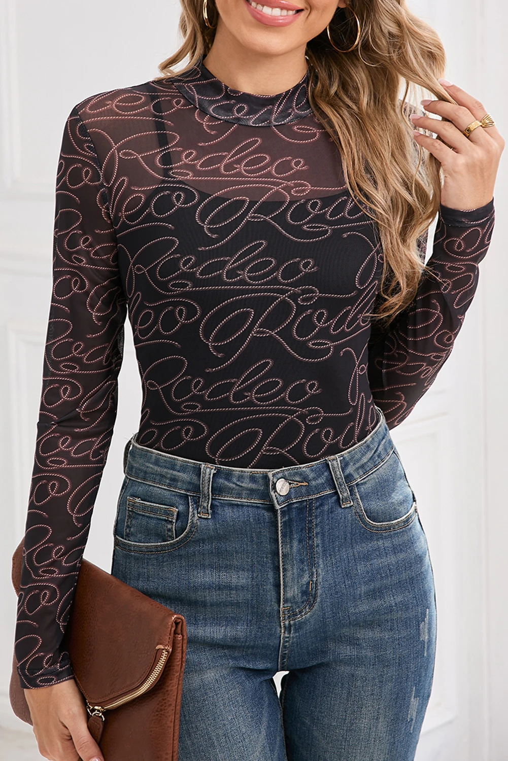 Western Rodeo Mesh Mock Neck Top