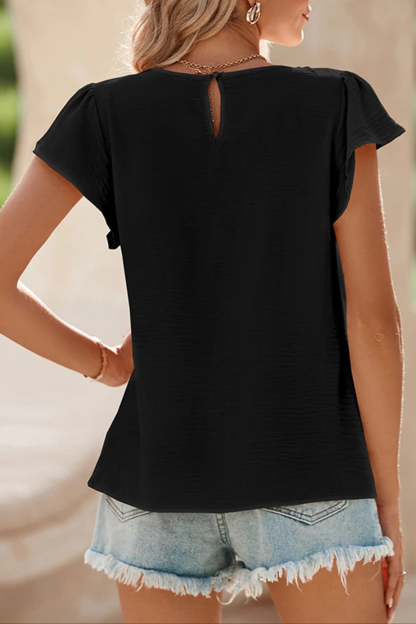 Pleated Flounce Sleeve Textured Blouse