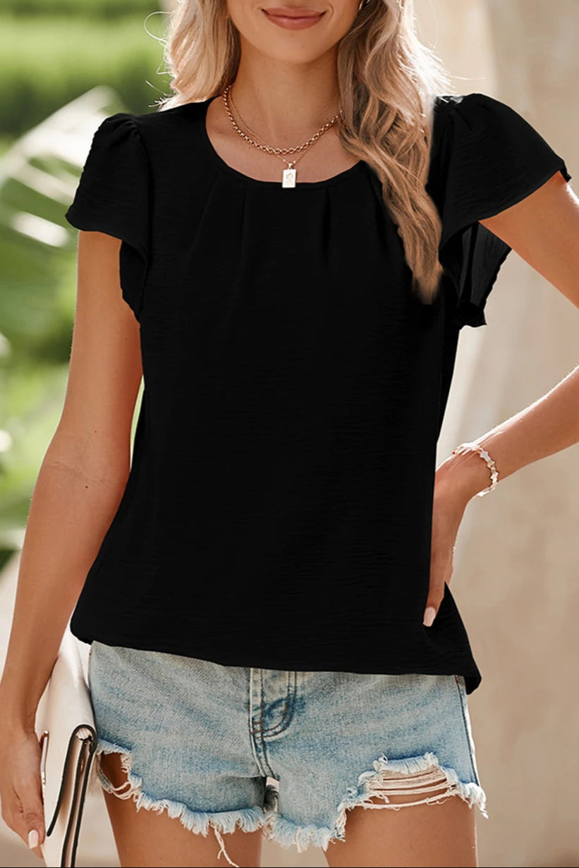 Pleated Flounce Sleeve Textured Blouse