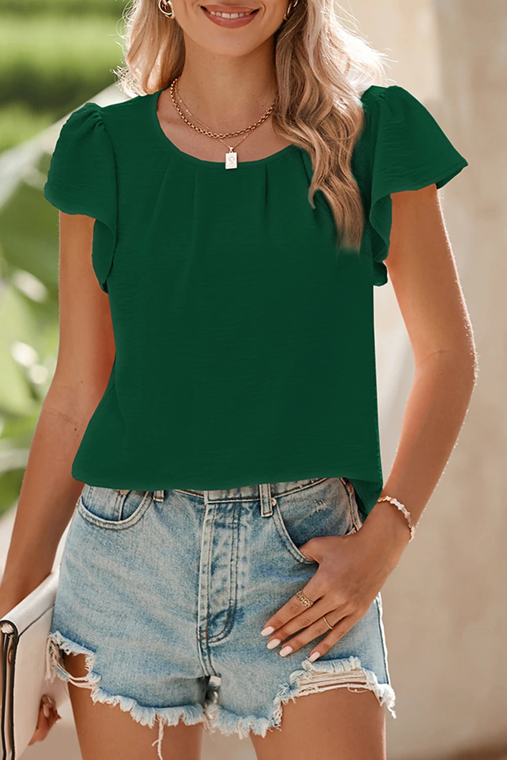 Pleated Flounce Sleeve Textured Blouse