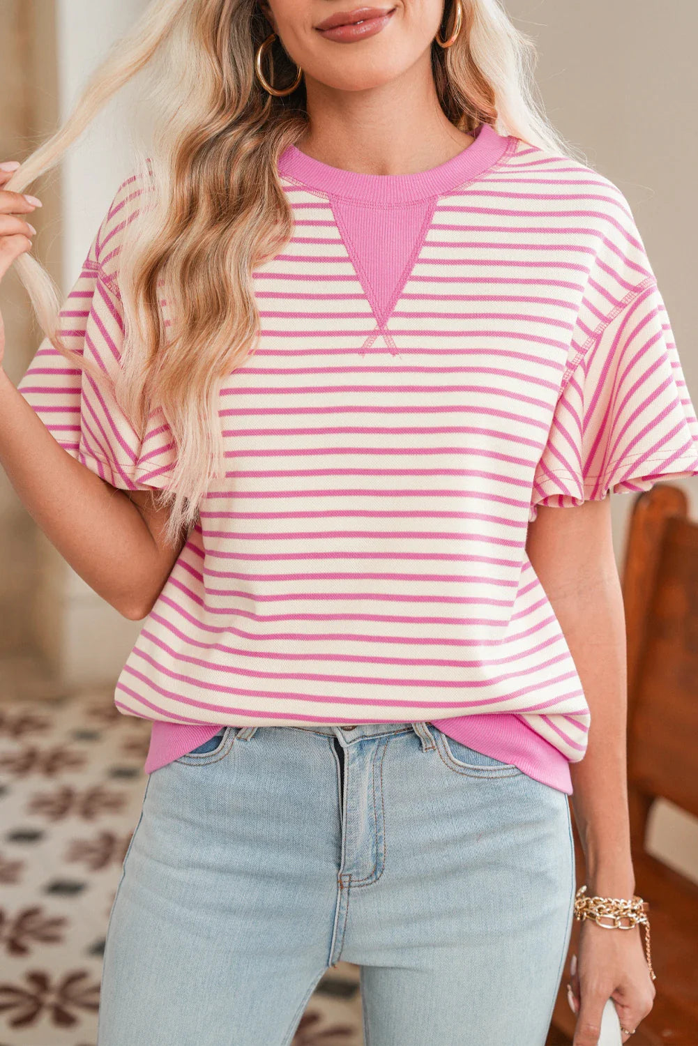 Stripe Contrast Trim Ruffle Sleeve Top