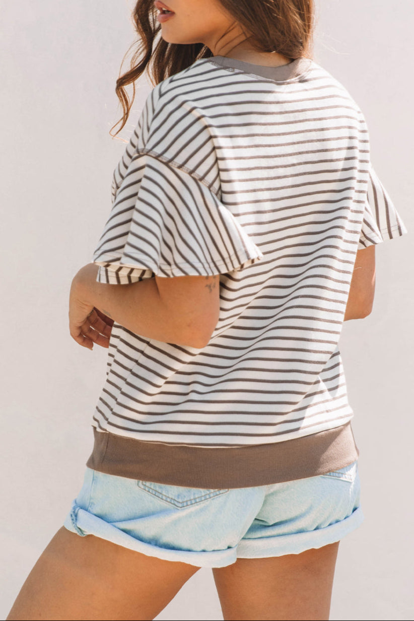 Stripe Contrast Trim Ruffle Sleeve Top