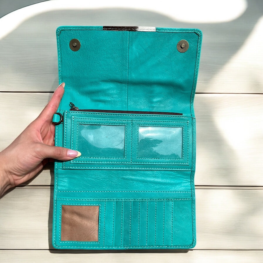 Turquoise cowhide wristlet