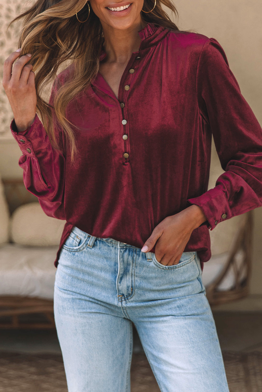 Solid Velvet Button Front Top