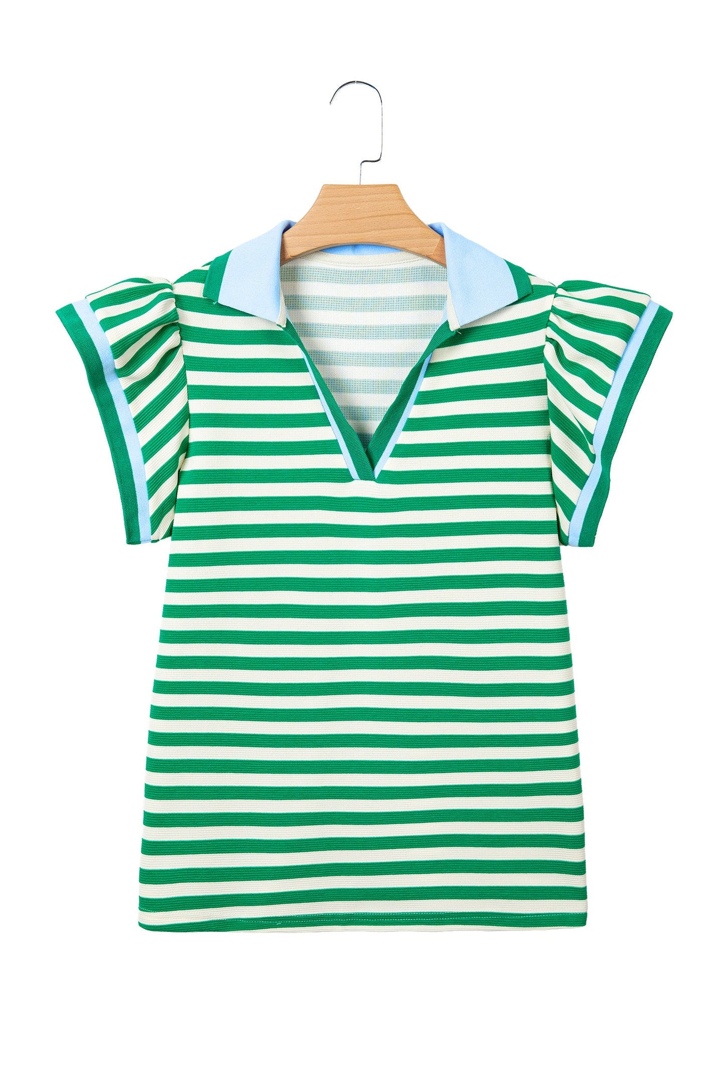 Stripe Contrast Trim Polo Collar Ruffle Sleeve Blouse