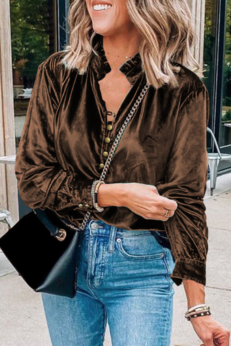 Solid Velvet Button Front Top