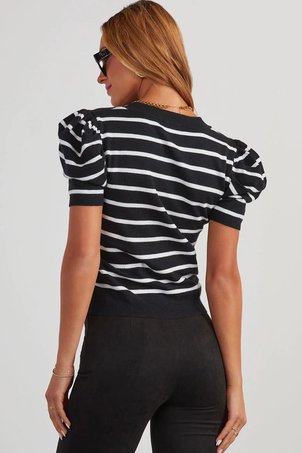 Stripe Ruched Bubble Sleeve Top