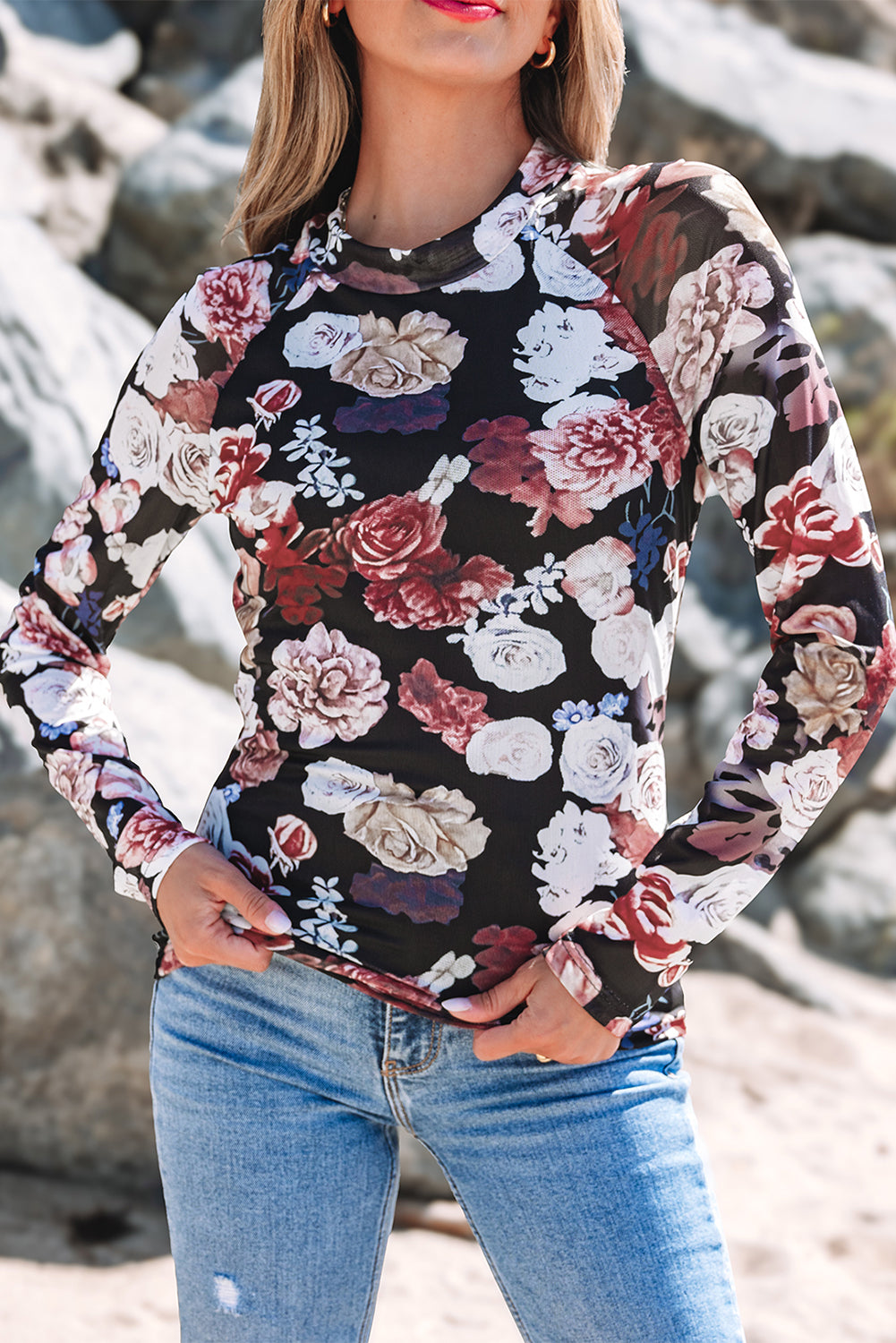 Floral Mesh Mock Neck Top