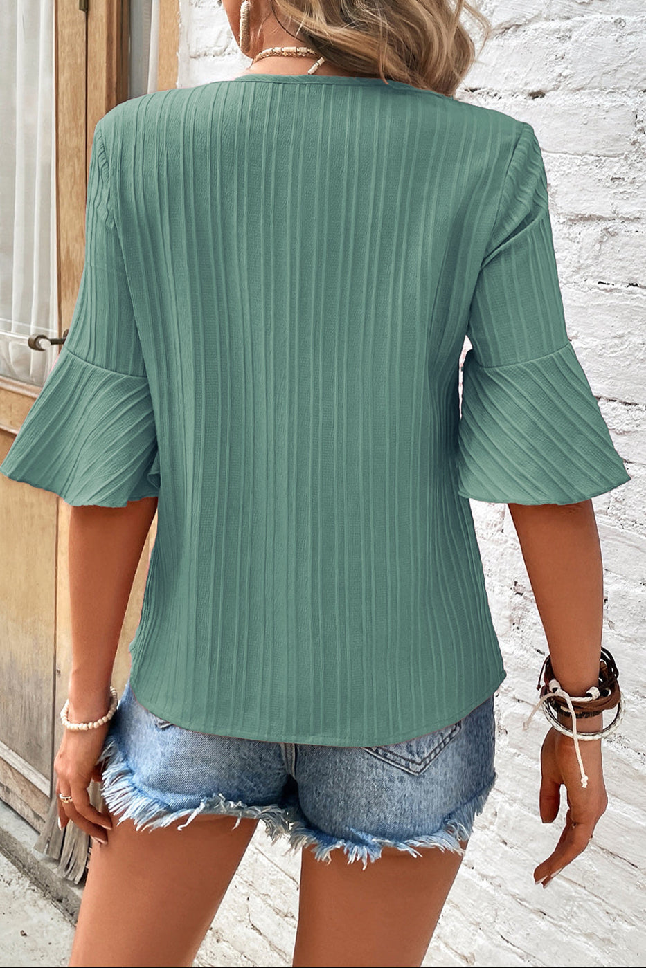 Textured Ruffle Sleeve V-Neck Top