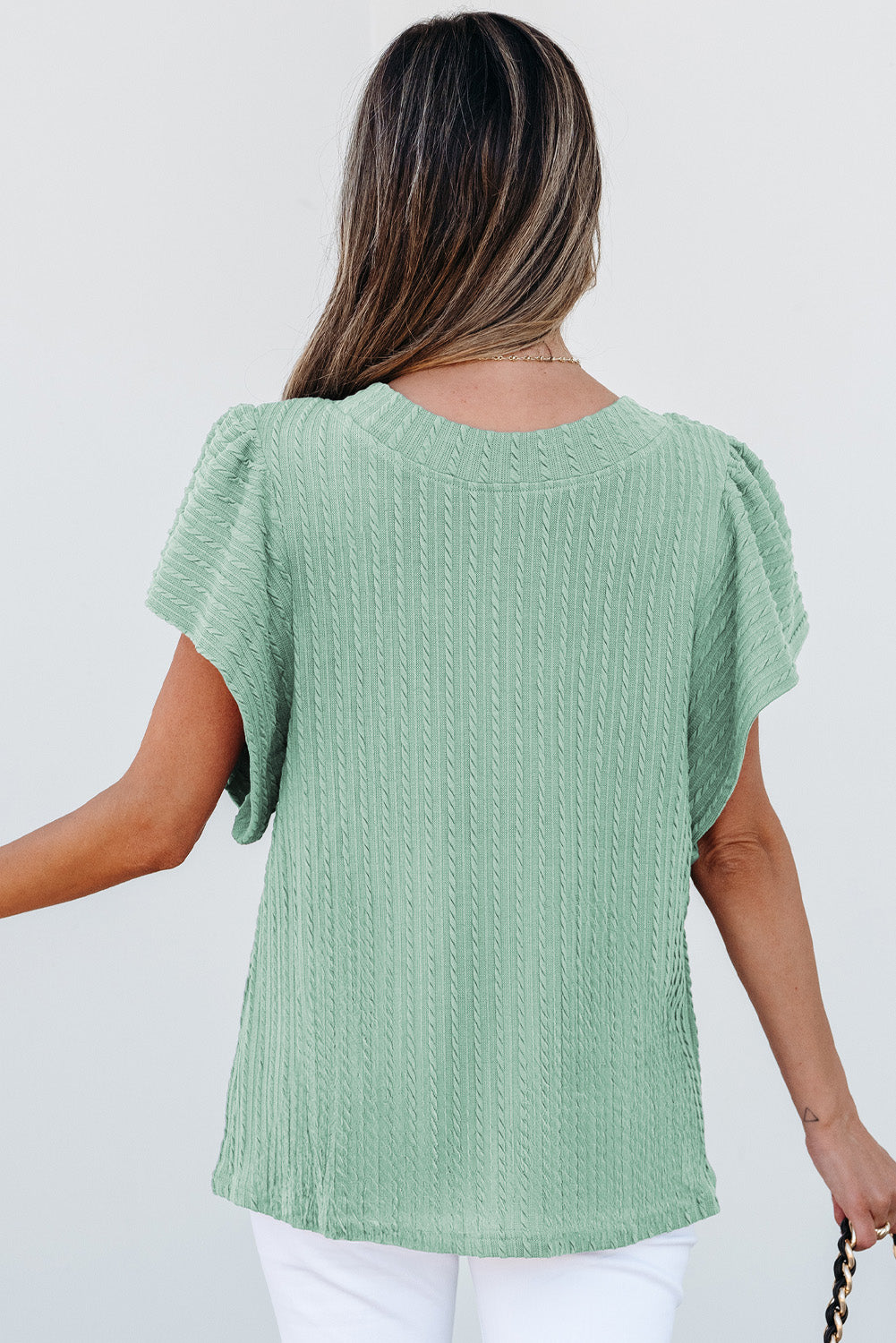 Solid Cable Textured Flutter Sleeve Top