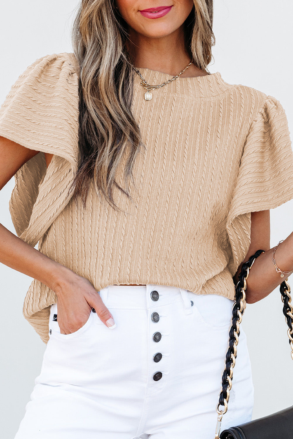 Solid Cable Textured Flutter Sleeve Top