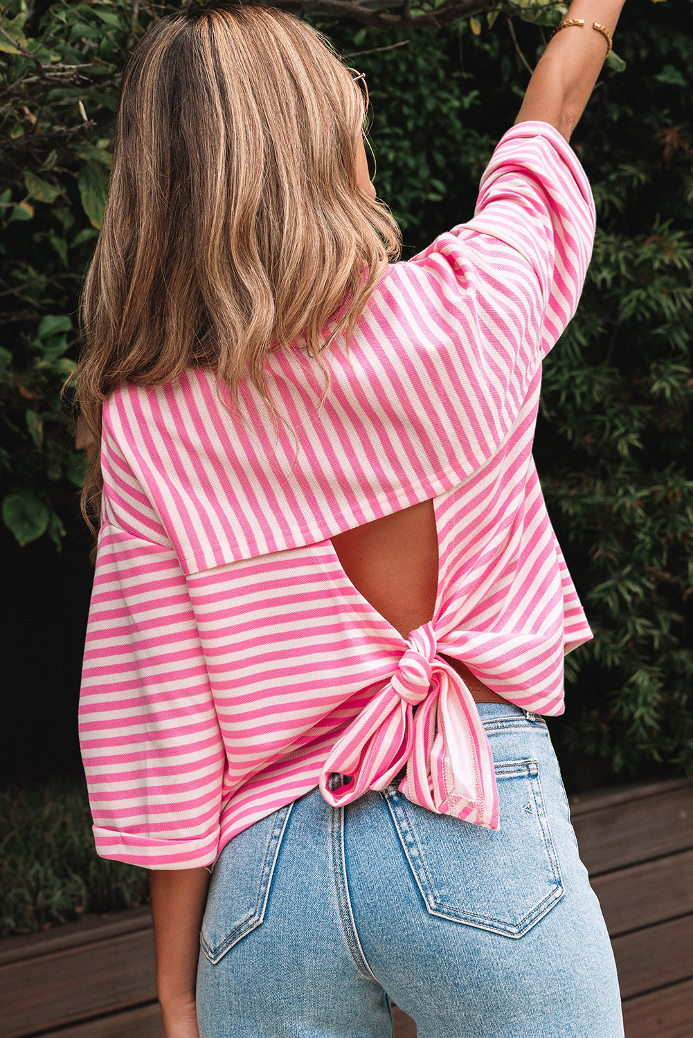 Stripe Bow Back Cutout Tee