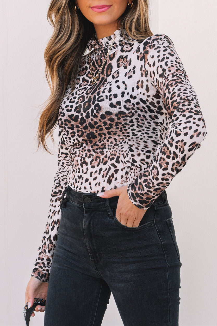 Leopard Smocked Neck Mesh Bodysuit