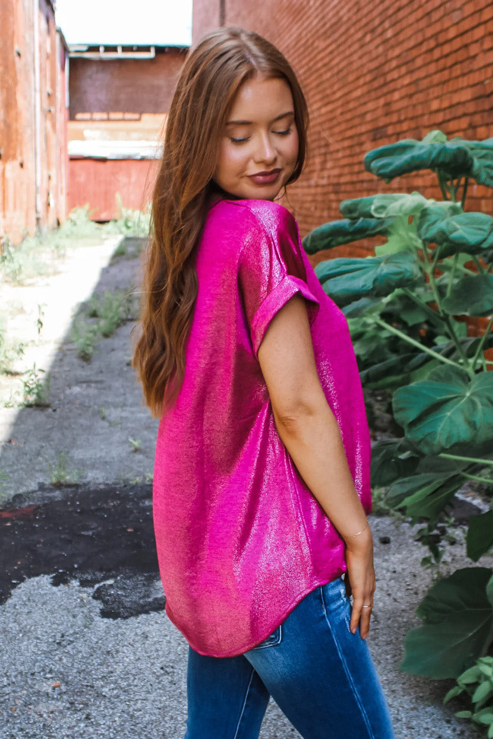 Metallic Shimmer Cuffed Sleeve Top