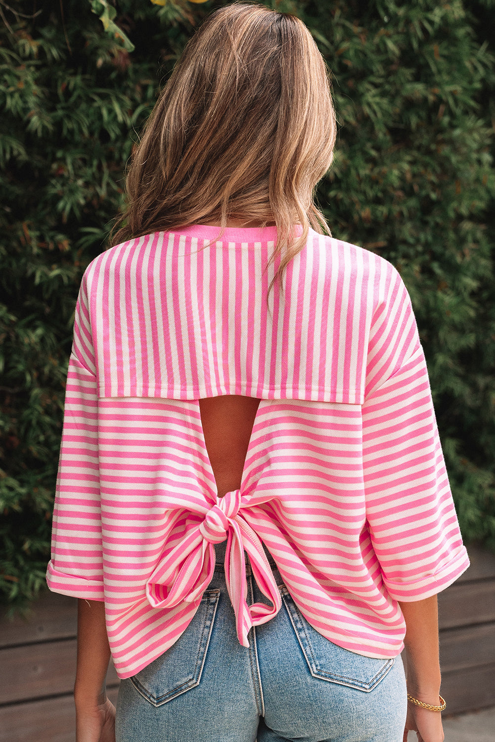 Stripe Bow Back Cutout Tee