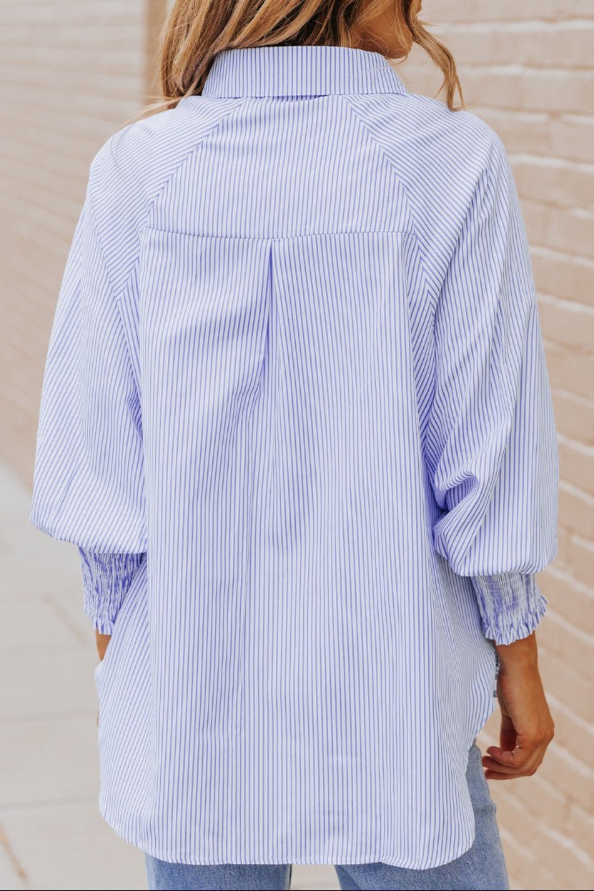 Stripe Smocked Cuff Buttoned Shirt