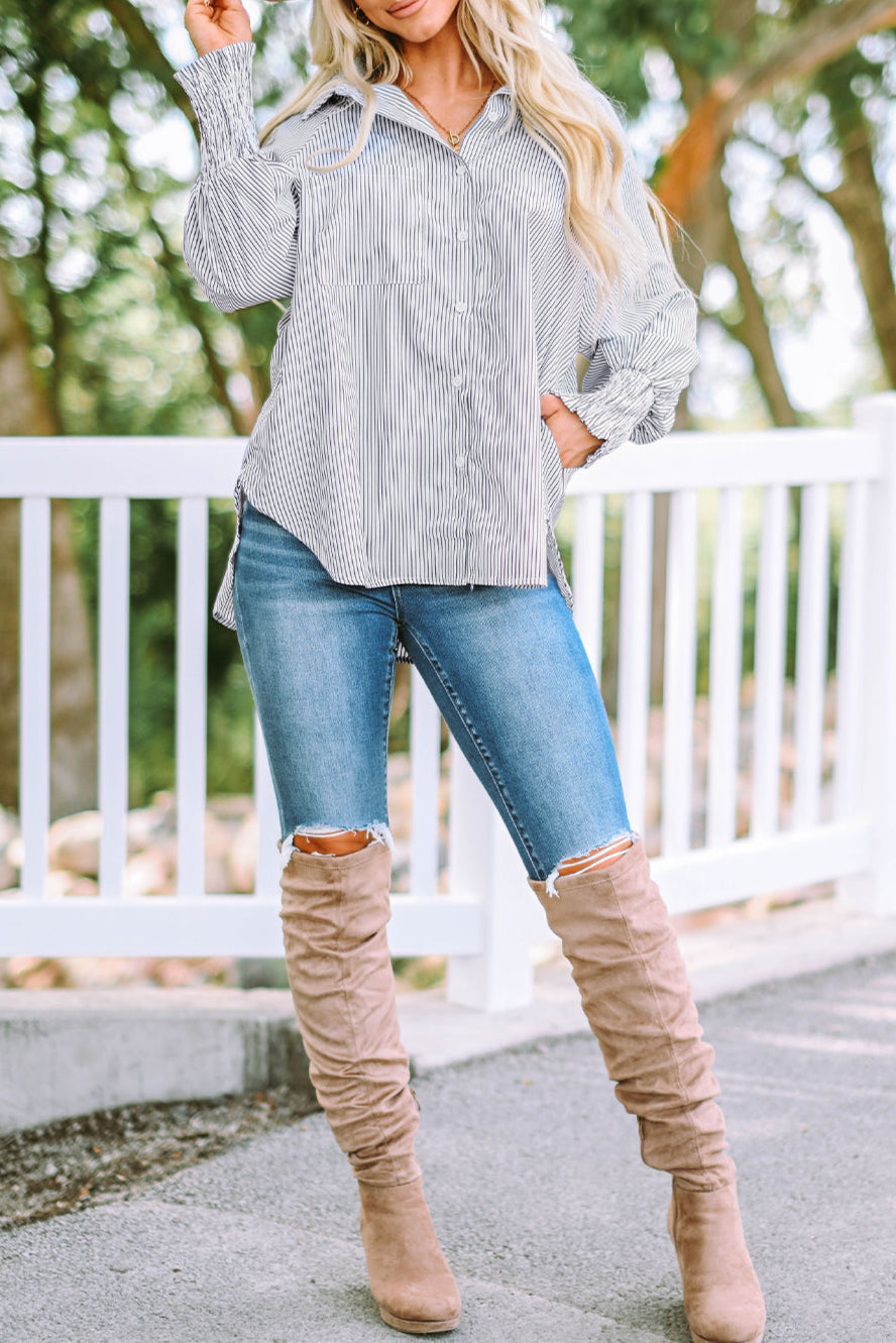 Stripe Smocked Cuff Buttoned Shirt