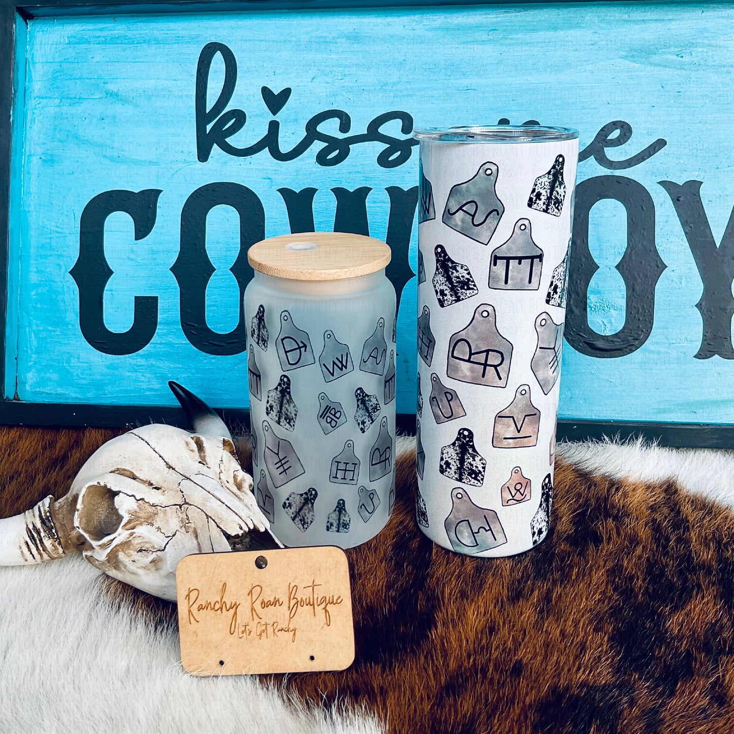 Cowhide Cattle Tag Frosted Glass Western 16 oz Tumbler