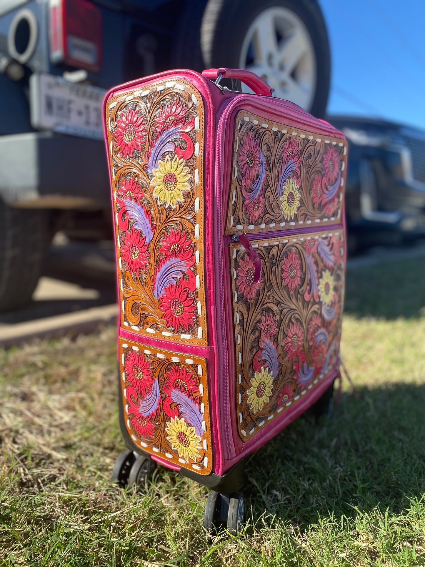 Pink Floral Tooled Leather Rolling Luggage