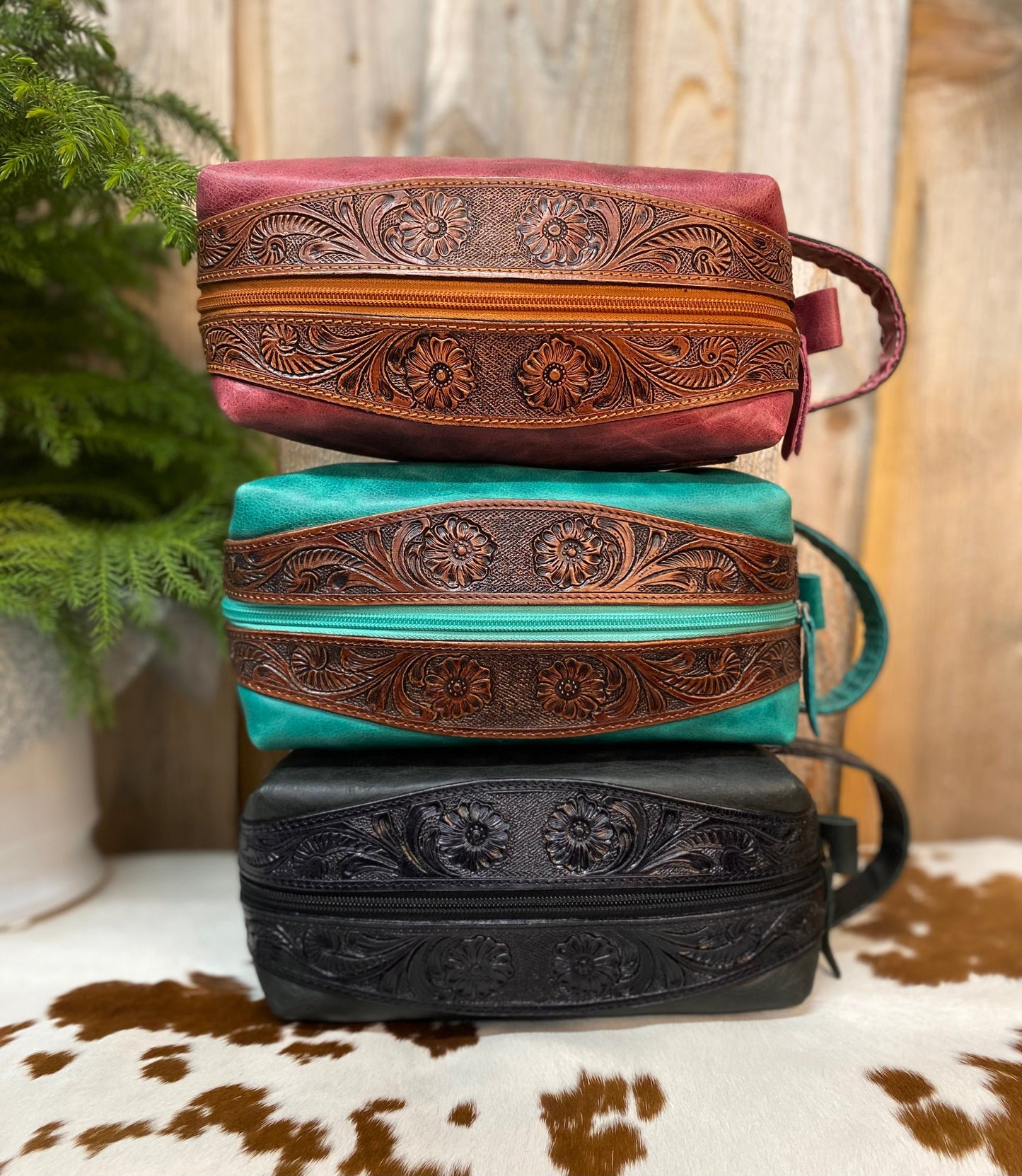 Black Tooled & Leather Toiletry Bag