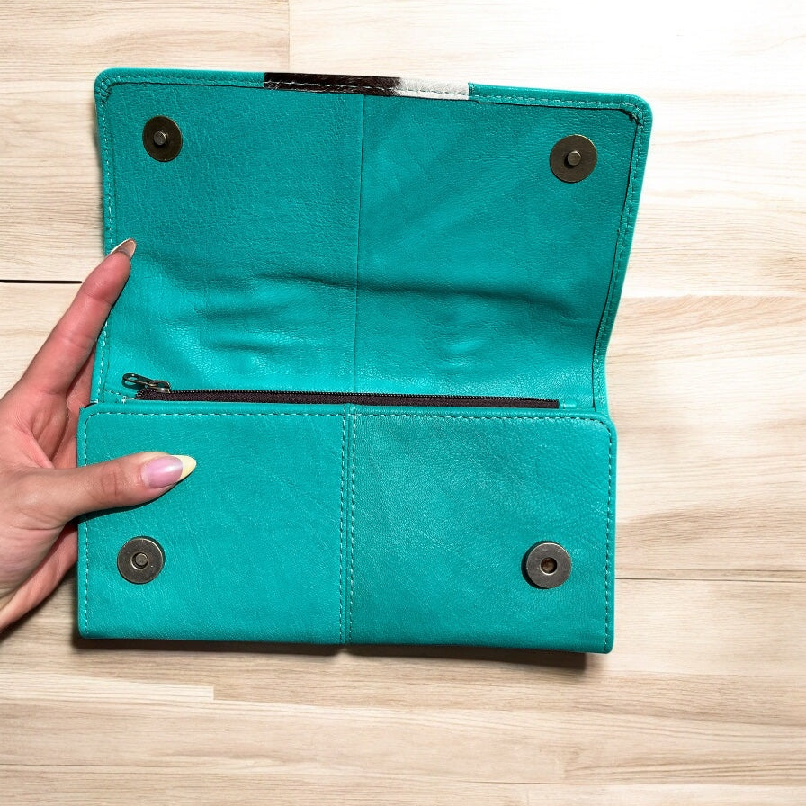 Turquoise cowhide wristlet