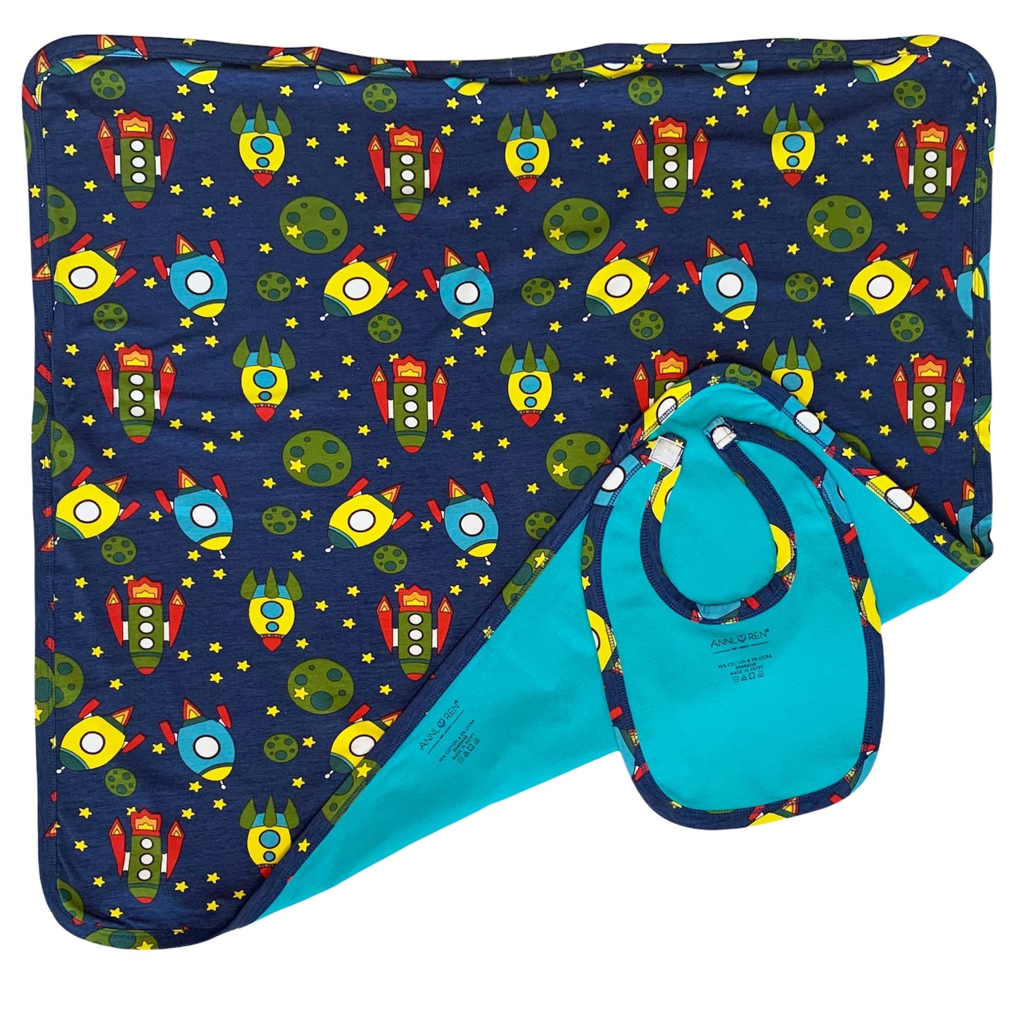 AnnLoren Baby Toddler Boy Space Ship Blanket & Bib Gift Set 2 pc Knit Cotton