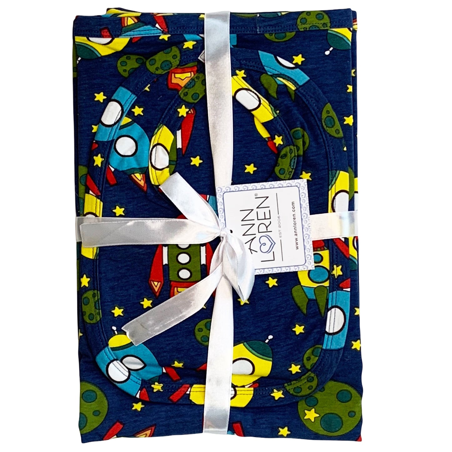 AnnLoren Baby Toddler Boy Space Ship Blanket & Bib Gift Set 2 pc Knit Cotton