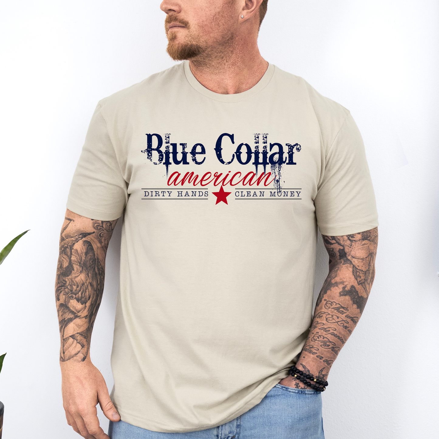 Blue Collar American, Dirty Hands, Clean Money, Dad, Father's Day, Husband, Guy Gift, Soft Style T-Shirt