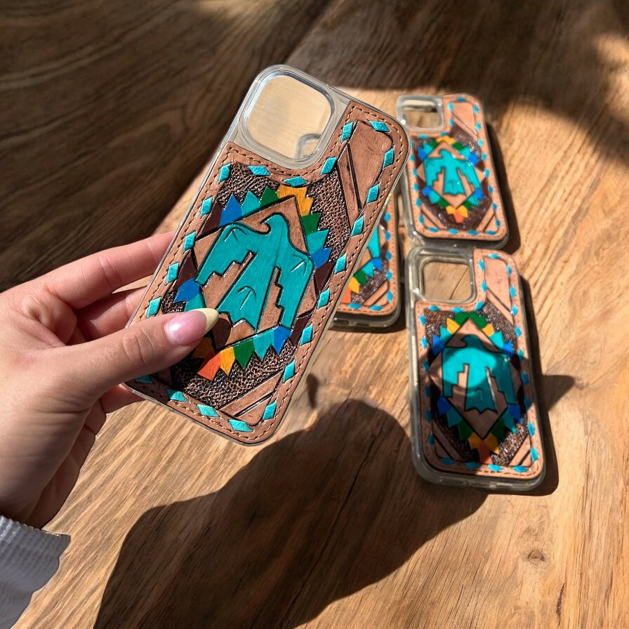 Turquoise thunderbird tooled leather iPhone case