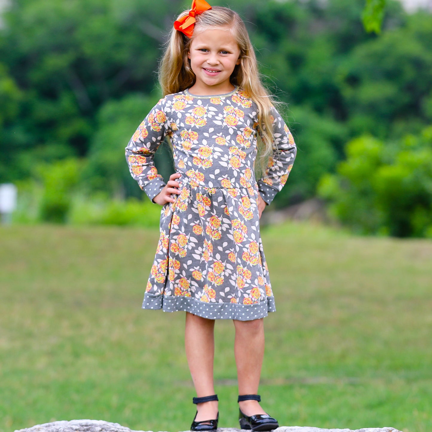 AnnLoren Girls Boutique Grey Peach Shabby Fall Floral Long Sleeve Cotton Dress