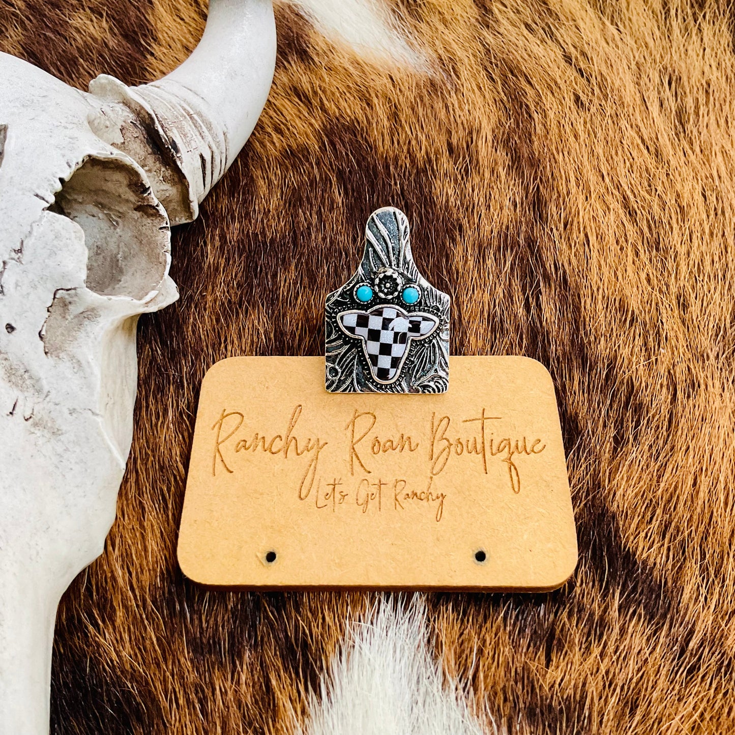 Western Checker Cow Head Cow Tag Cuff Ring