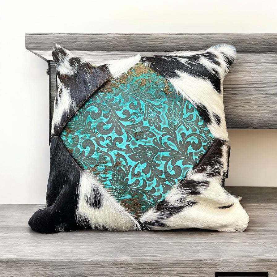 Turquoise tooled leather, cowhide pillow 16”