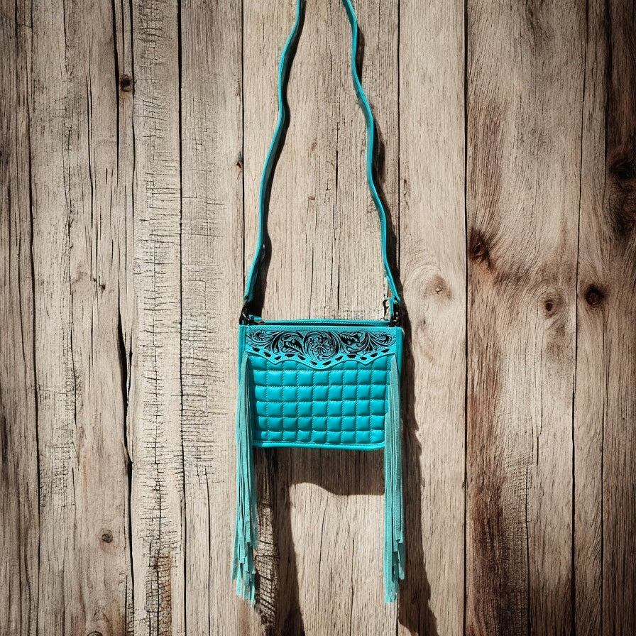 Turquoise tooled leather fringe crossbody bag