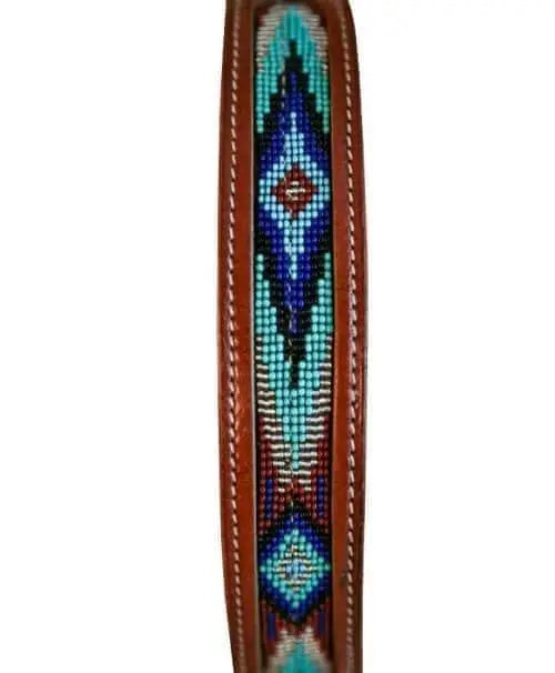 Genuine leather dog collar with turquoise, blue beaded inlay design